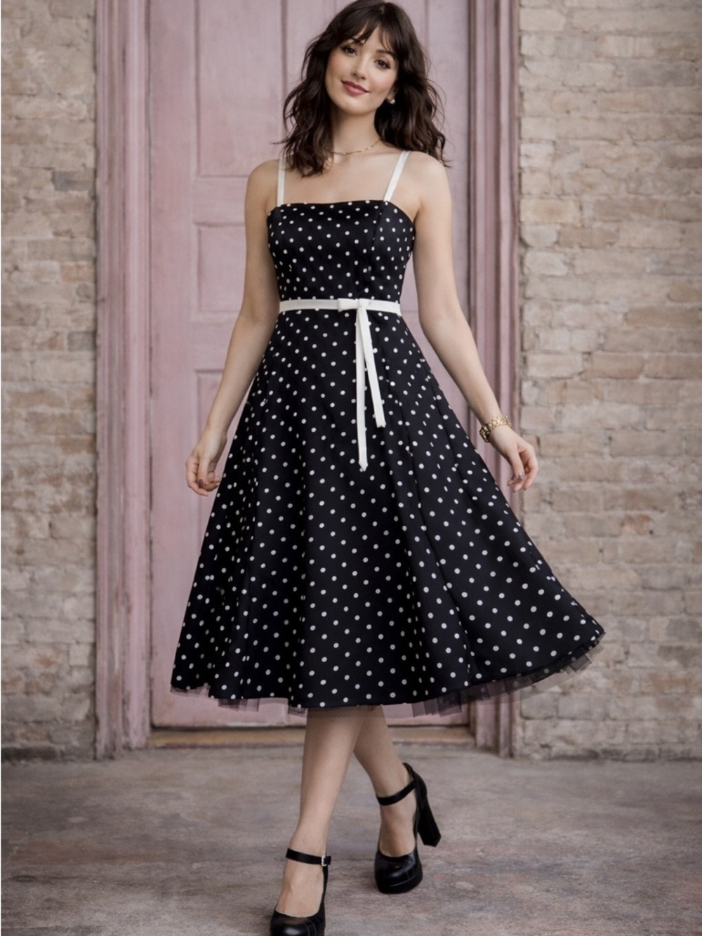Jessica McClintock Gunne Sax Polka Dot Midi Dress Y2K Small 5/6‎